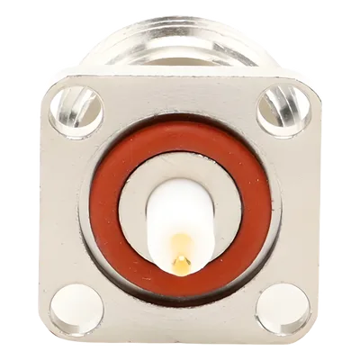 Conector RF N Hembra / Montaje Panel Cuadrado 17.5 mm / 4 Perforaciones 12.7 mm (0.5 in) / Soldable / Contacto Oro / Aislante Teflón