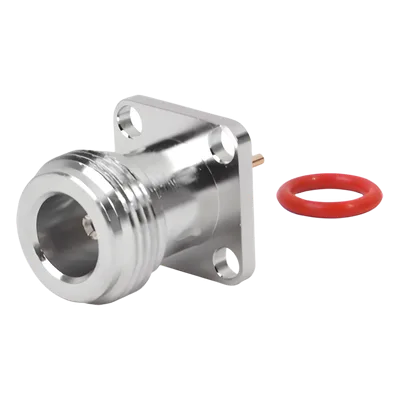Conector RF N Hembra / Montaje Panel Cuadrado 17.5 mm / 4 Perforaciones 12.7 mm (0.5 in) / Soldable / Contacto Oro / Aislante Teflón