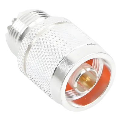 Adaptador Coaxial en Línea / Conector N Macho a UHF Hembra (SO-239) / Cuerpo Bronce Plateado / Contacto Oro / Aislante Teflón
