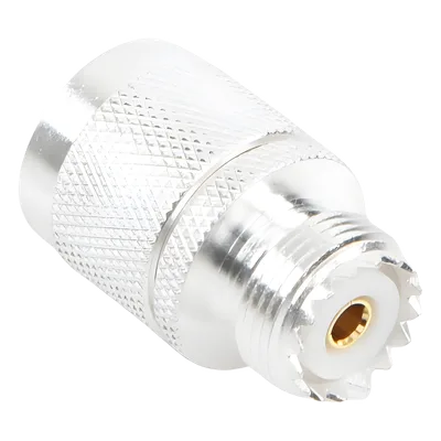 Adaptador Coaxial en Línea / Conector N Macho a UHF Hembra (SO-239) / Cuerpo Bronce Plateado / Contacto Oro / Aislante Teflón