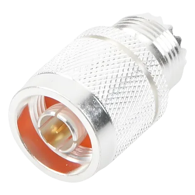 Adaptador Coaxial en Línea / Conector N Macho a UHF Hembra (SO-239) / Cuerpo Bronce Plateado / Contacto Oro / Aislante Teflón