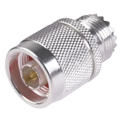 Adaptador Coaxial en Línea / Conector N Macho a UHF Hembra (SO-239) / Cuerpo Bronce Plateado / Contacto Oro / Aislante Teflón
