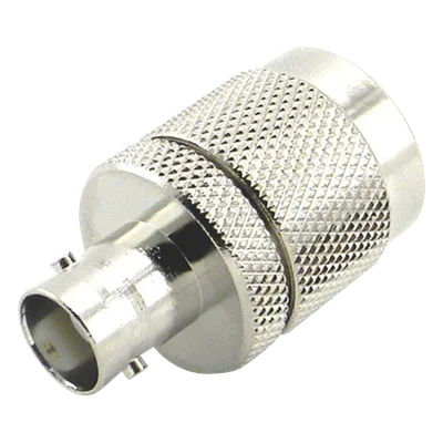 Adaptador de Conector RF / N Macho a BNC Hembra / Montaje en Línea / Cuerpo Bronce Plateado / Contacto Oro / Aislante Teflón