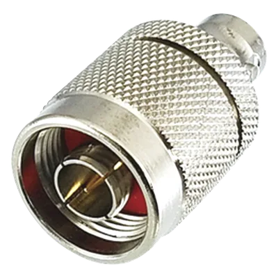 Adaptador de Conector RF / N Macho a BNC Hembra / Montaje en Línea / Cuerpo Bronce Plateado / Contacto Oro / Aislante Teflón