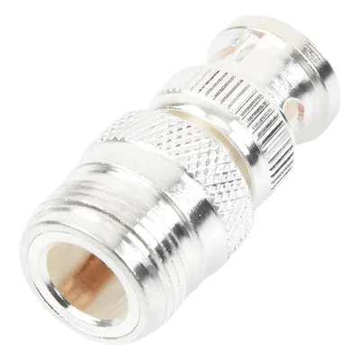 Adaptador RF Coaxial / 50 Ohm / N Hembra a BNC Macho / Montaje en Línea / Cuerpo Bronce Plateado / Contacto Oro / Aislante Teflón