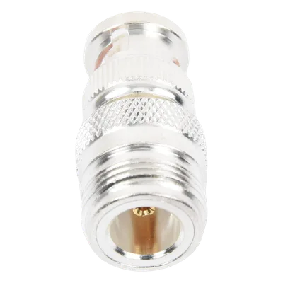 Adaptador RF Coaxial / 50 Ohm / N Hembra a BNC Macho / Montaje en Línea / Cuerpo Bronce Plateado / Contacto Oro / Aislante Teflón