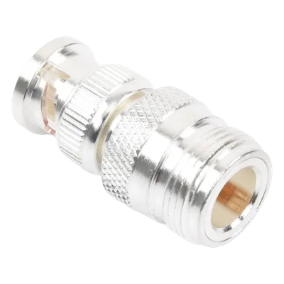 Adaptador RF Coaxial / 50 Ohm / N Hembra a BNC Macho / Montaje en Línea / Cuerpo Bronce Plateado / Contacto Oro / Aislante Teflón