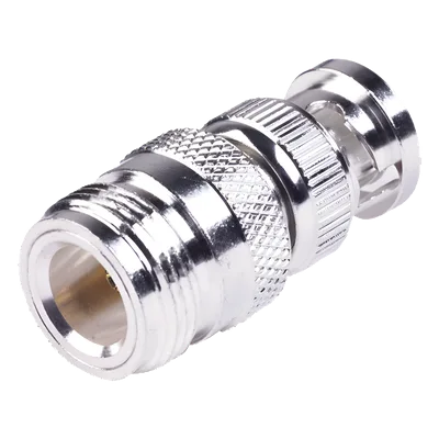 Adaptador RF Coaxial / 50 Ohm / N Hembra a BNC Macho / Montaje en Línea / Cuerpo Bronce Plateado / Contacto Oro / Aislante Teflón