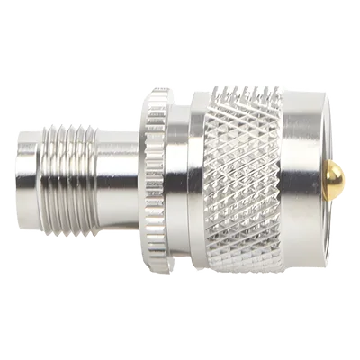 Adaptador de Conector RF / TNC Hembra a UHF Macho PL-259 / Montaje en Línea / Cuerpo Níquel / Contacto Oro / Aislante Teflón