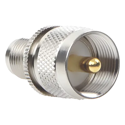 Adaptador de Conector RF / TNC Hembra a UHF Macho PL-259 / Montaje en Línea / Cuerpo Níquel / Contacto Oro / Aislante Teflón