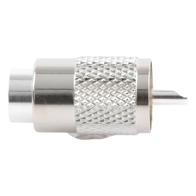 Conector Coaxial UHF Macho / PL-259 / Ensamble Roscado-Soldable / Para Cables RG-8/U, RG-213, RG-214, LMR-400, Belden 9913 / Cuerpo Bronce Plateado / Concha Níquelada