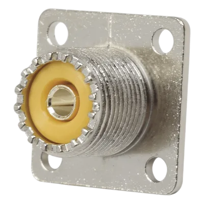 Conector UHF Hembra (SO-239), para Montaje en Chasis con 4 perforaciones a 18 mm, Terminal Soldable, Níquel/ Plata/ Delrin.