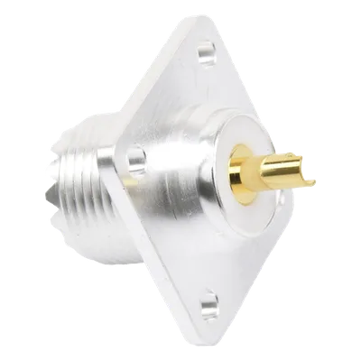 Conector RF Hembra / UHF SO-239 / Montaje Chasis 4 Hoyos / Terminal Soldable / Aislante Teflón