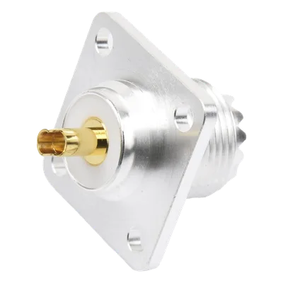 Conector RF Hembra / UHF SO-239 / Montaje Chasis 4 Hoyos / Terminal Soldable / Aislante Teflón