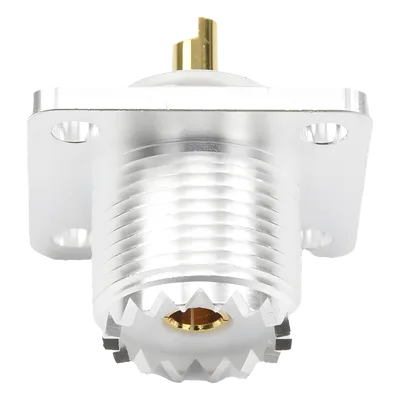 Conector RF Hembra / UHF SO-239 / Montaje Chasis 4 Hoyos / Terminal Soldable / Aislante Teflón
