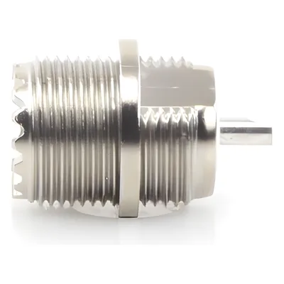 Conector UHF Hembra / Montaje Frontal en Panel D Plano / Cuerpo Zinc Niquelado / Contacto Plateado / Aislante Baquelita / Soldable
