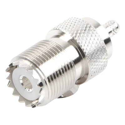 Conector UHF Hembra / SO-239 / Anillo Plegable / Cable RG-58/U y RG-142/U / Níquel y Plata / Delrin