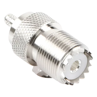 Conector UHF Hembra / SO-239 / Anillo Plegable / Cable RG-58/U y RG-142/U / Níquel y Plata / Delrin