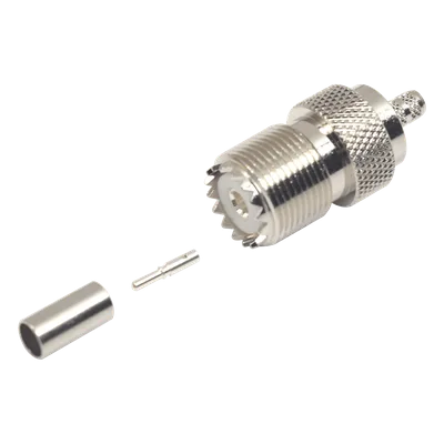 Conector UHF Hembra / SO-239 / Anillo Plegable / Cable RG-58/U y RG-142/U / Níquel y Plata / Delrin