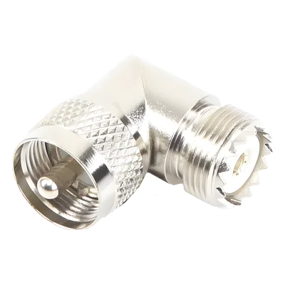 Adaptador RF en Ángulo Recto / UHF Macho PL-259 a UHF Hembra SO-239 / Cuerpo Bronce Niquelado / Aislante Delrin