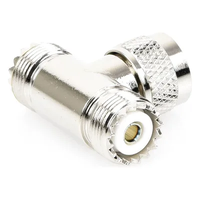 Adaptador RF en T / UHF Macho PL-259 a Doble UHF Hembra SO-239 / 50 Ohm / Níquel-Plata / Delrin