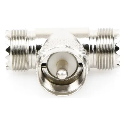 Adaptador RF en T / UHF Macho PL-259 a Doble UHF Hembra SO-239 / 50 Ohm / Níquel-Plata / Delrin