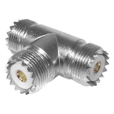Adaptador RF / Triple UHF Hembra / Forma T / SO-239 / Níquel-Plata / Delrin