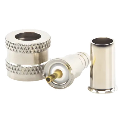 Conector Mini UHF Macho / 50 Ohm / Anillo Plegable / RG-58/U, RG-142/U / Níquel, Oro, Delrin