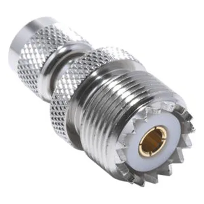 Adaptador Coaxial en Línea / Mini UHF Macho a UHF Hembra (SO-239) / Cuerpo Níquel / Contacto Oro / Aislante Teflón