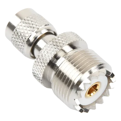Adaptador Coaxial en Línea / Mini UHF Macho a UHF Hembra (SO-239) / Cuerpo Níquel / Contacto Oro / Aislante Teflón