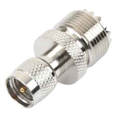 Adaptador Coaxial en Línea / Mini UHF Macho a UHF Hembra (SO-239) / Cuerpo Níquel / Contacto Oro / Aislante Teflón