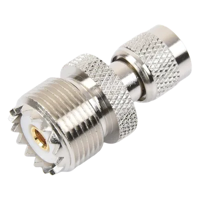 Adaptador Coaxial en Línea / Mini UHF Macho a UHF Hembra (SO-239) / Cuerpo Níquel / Contacto Oro / Aislante Teflón