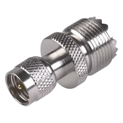 Adaptador Coaxial en Línea / Mini UHF Macho a UHF Hembra (SO-239) / Cuerpo Níquel / Contacto Oro / Aislante Teflón