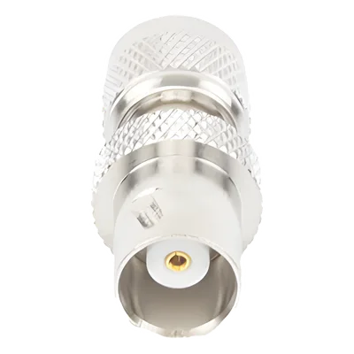 Adaptador de Conector / Mini UHF Macho a BNC Hembra / Montaje en Línea / Cuerpo Bronce Niquelado / Contacto Oro / Aislante Teflón