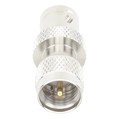 Adaptador de Conector / Mini UHF Macho a BNC Hembra / Montaje en Línea / Cuerpo Bronce Niquelado / Contacto Oro / Aislante Teflón