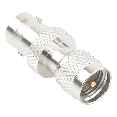 Adaptador de Conector / Mini UHF Macho a BNC Hembra / Montaje en Línea / Cuerpo Bronce Niquelado / Contacto Oro / Aislante Teflón