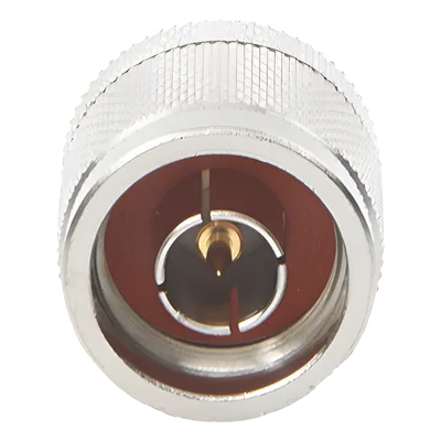 Adaptador Coaxial en Línea / Mini UHF Hembra a N Macho / Cuerpo Bronce Niquelado / Contacto Oro / Aislante Teflón