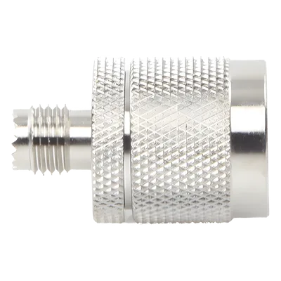 Adaptador Coaxial en Línea / Mini UHF Hembra a N Macho / Cuerpo Bronce Niquelado / Contacto Oro / Aislante Teflón