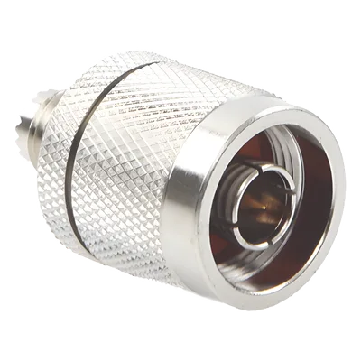 Adaptador Coaxial en Línea / Mini UHF Hembra a N Macho / Cuerpo Bronce Niquelado / Contacto Oro / Aislante Teflón