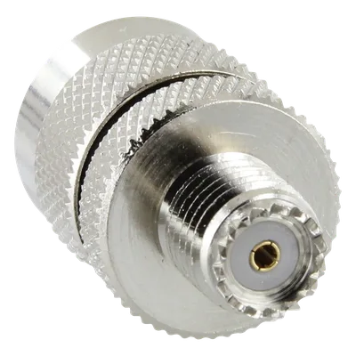 Adaptador RF / Mini UHF Hembra a UHF Macho (PL-259) / Montaje en Línea / Cuerpo Níquel / Contacto Oro / Aislante Teflón