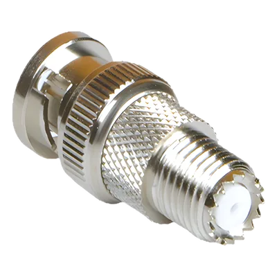 Adaptador RF / Mini-UHF Hembra a BNC Macho / Montaje en Línea / 50 Ohm / Bronce Niquelado / Aislante de Teflón