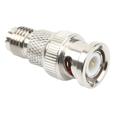 Adaptador RF / Mini-UHF Hembra a BNC Macho / Montaje en Línea / 50 Ohm / Bronce Niquelado / Aislante de Teflón