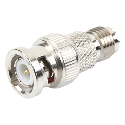 Adaptador RF / Mini-UHF Hembra a BNC Macho / Montaje en Línea / 50 Ohm / Bronce Niquelado / Aislante de Teflón