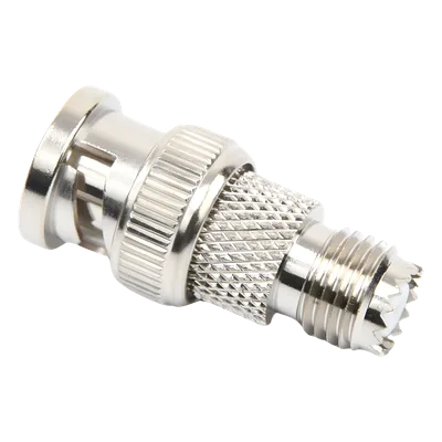 Adaptador RF / Mini-UHF Hembra a BNC Macho / Montaje en Línea / 50 Ohm / Bronce Niquelado / Aislante de Teflón