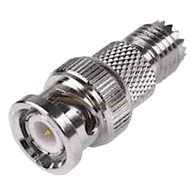 Adaptador RF / Mini-UHF Hembra a BNC Macho / Montaje en Línea / 50 Ohm / Bronce Niquelado / Aislante de Teflón