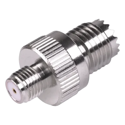 Adaptador RF Coaxial / Mini-UHF Hembra a SMA Hembra / Montaje en Línea / Cuerpo Bronce Niquelado / Contacto Oro / Aislante Teflón