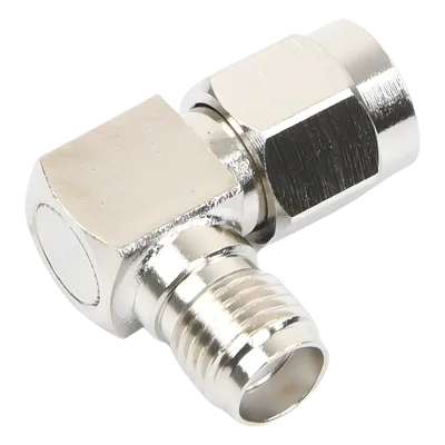 Adaptador RF Coaxial / Ángulo Recto / SMA Macho a SMA Hembra / Cuerpo Bronce Niquelado / Contacto Oro / Aislante Teflón