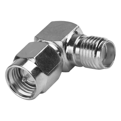 Adaptador RF Coaxial / Ángulo Recto / SMA Macho a SMA Hembra / Cuerpo Bronce Niquelado / Contacto Oro / Aislante Teflón