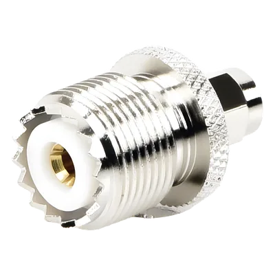 Adaptador Coaxial en Línea / SMA Macho a UHF Hembra (SO-239) / Cuerpo Bronce Niquelado / Contacto Oro / Aislante Teflón