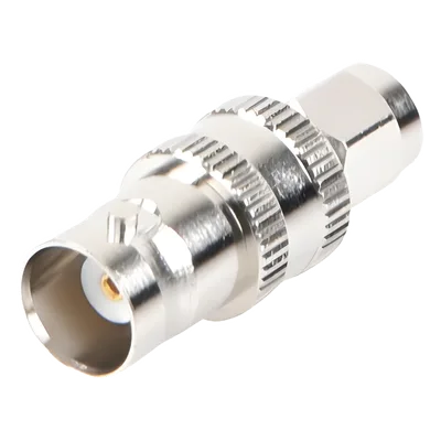 Adaptador RF Coaxial / SMA Macho a BNC Hembra / En Línea / Cuerpo Bronce Niquelado / Contacto Oro / Aislante Teflón